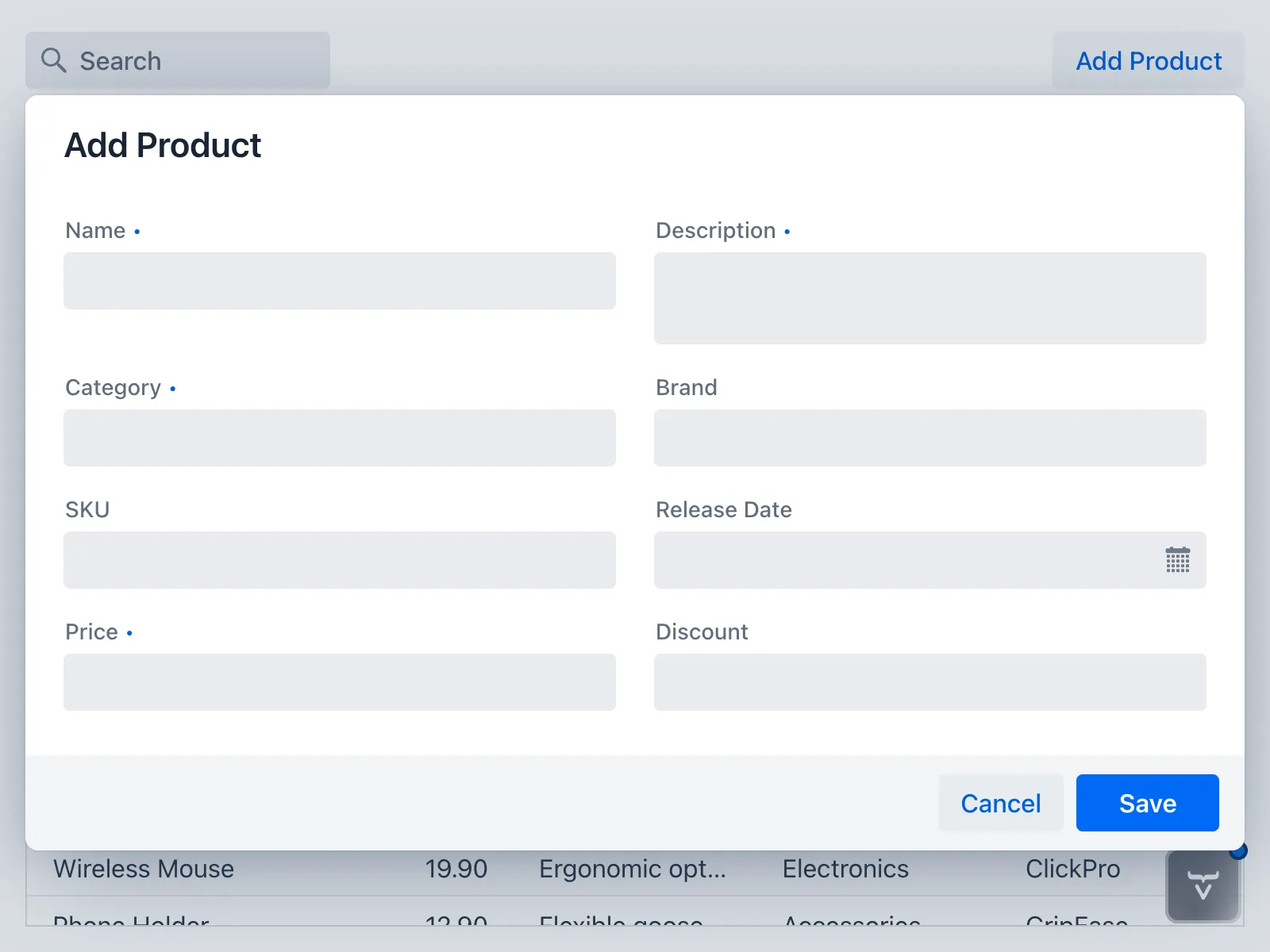 The Add Product dialog