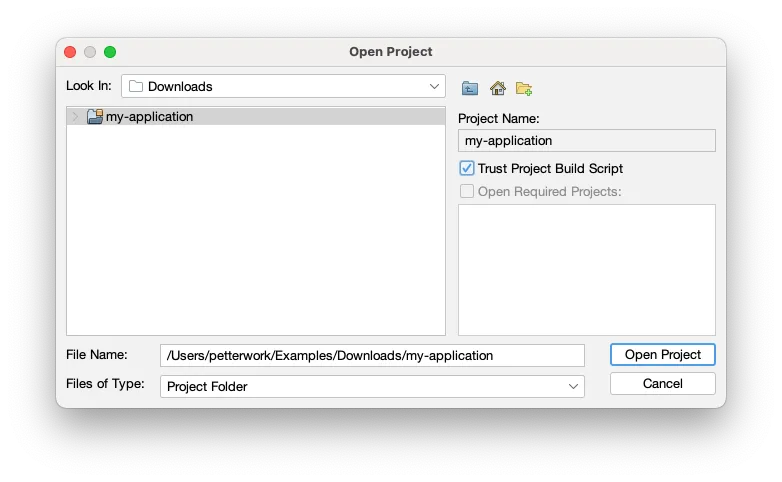 NetBeans open project dialog